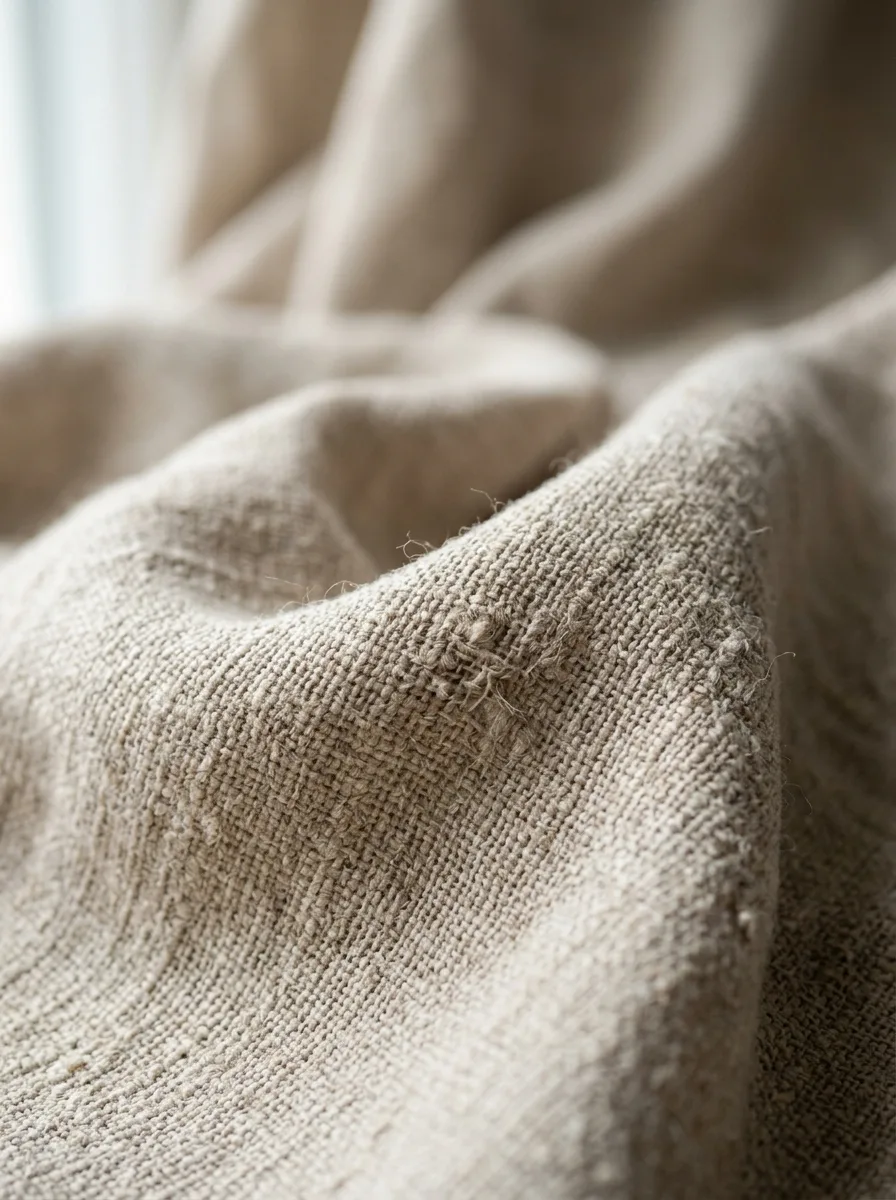 Raw organic woven linen fabric detail