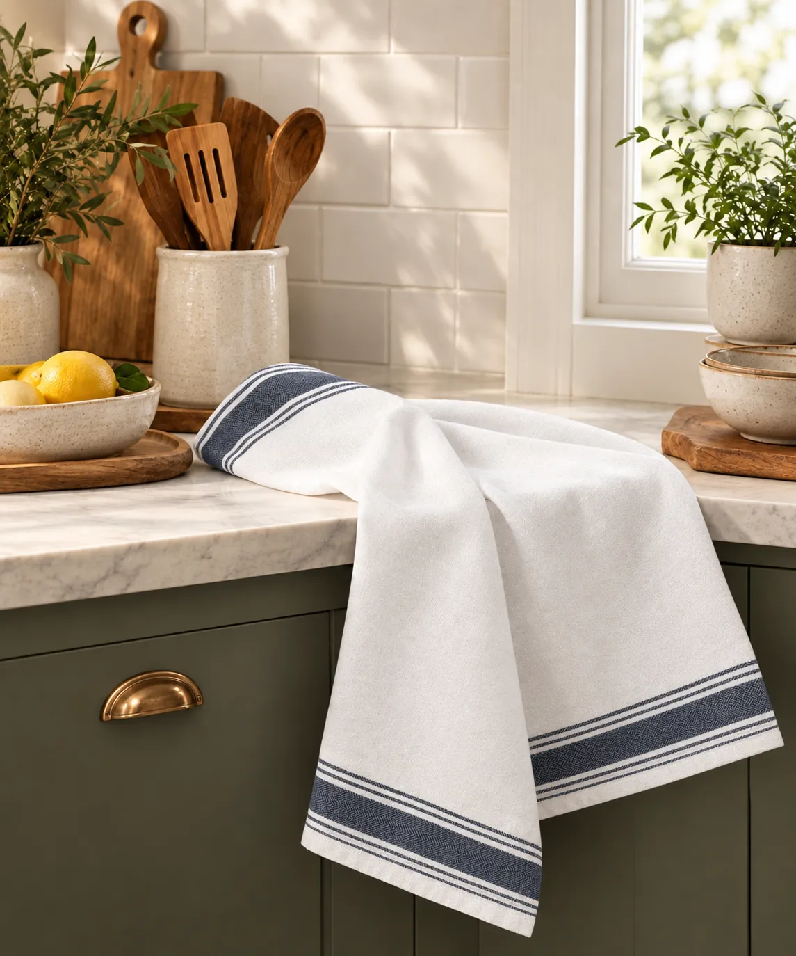 Blue Border Kitchen Towel - Blue & White