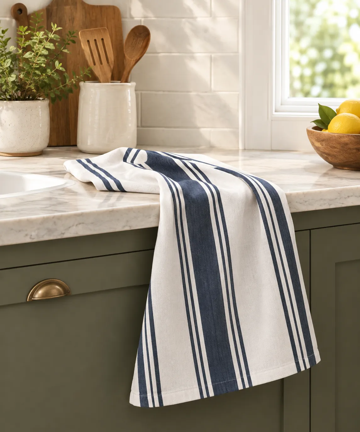 Dark Blue Stripe Kitchen Towel - White & Dark Blue