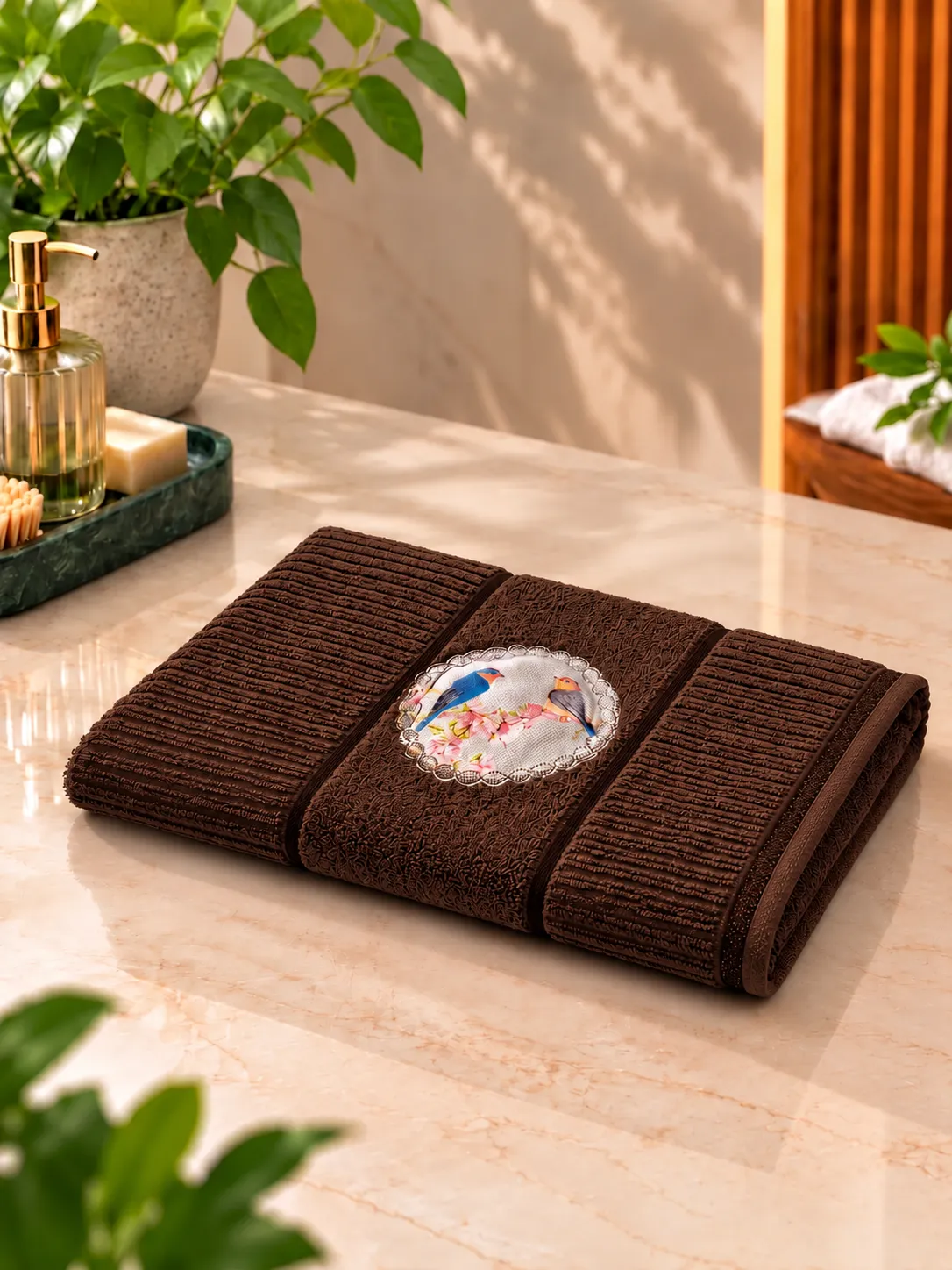 Heritage Bird Terry Bath Towel - #4A251D