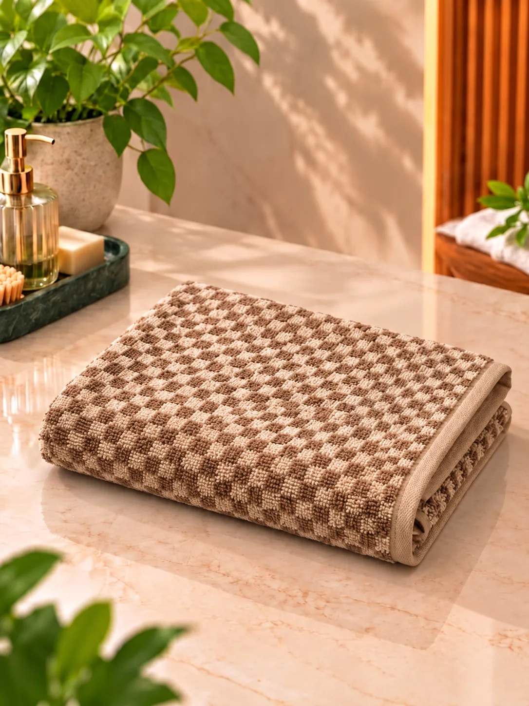 Heritage Checkered Terry Towel - #8D5225 & #CAB081