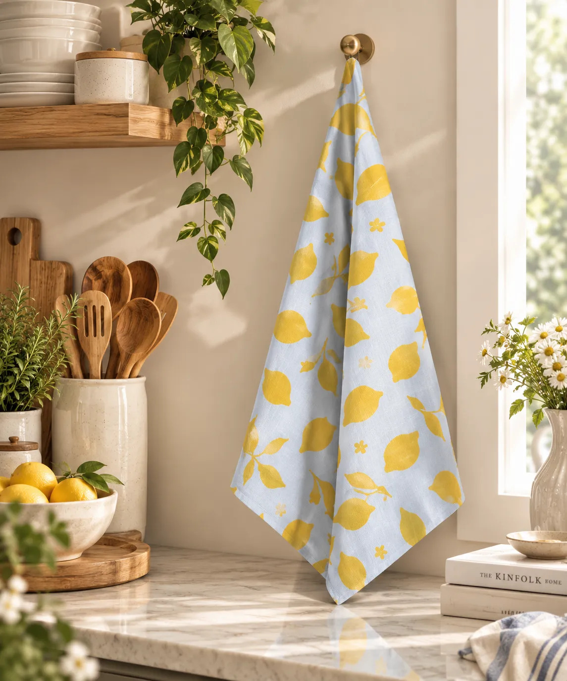 Lemon Print Kitchen Towel - White & Yellow