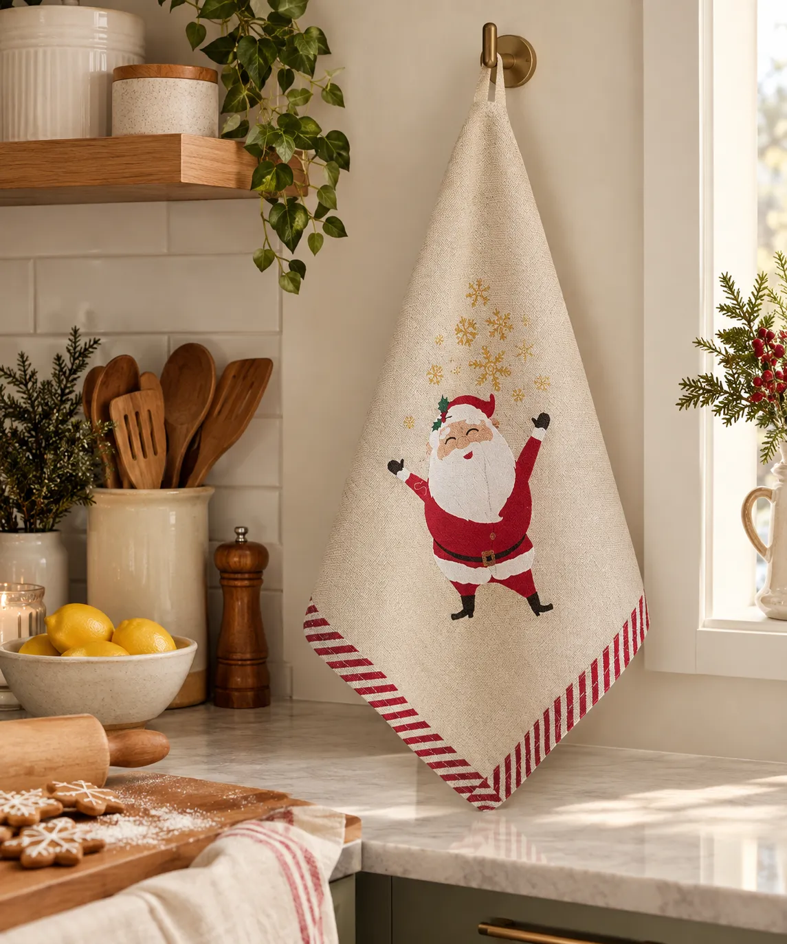 Santa Holiday Kitchen Towel - Red & Natural